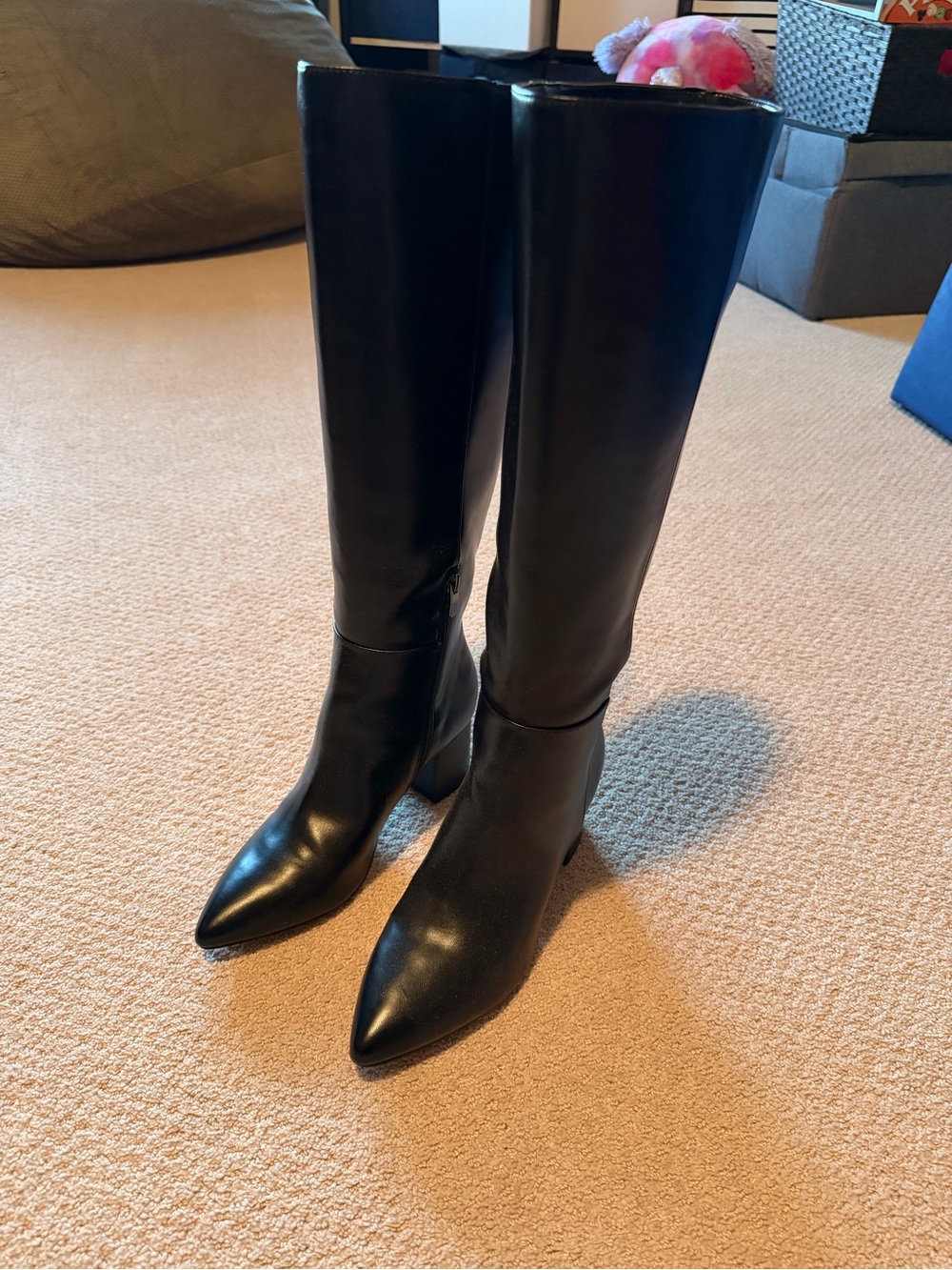 Nine West Black Pointed-Toe Knee-High Block Heel Boots